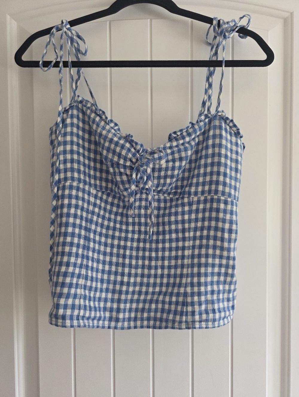 Reformation Holcomb Linen Top -Azure Blue Check Gingham Tie Strap Top Size 8 - Picture 5 of 9